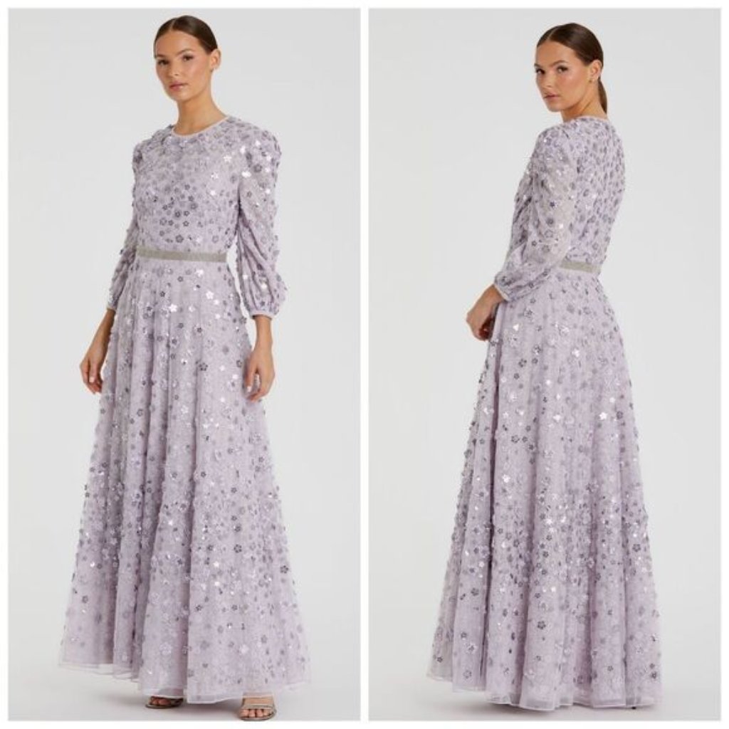 Purple Floral Applique Puff Sleeve High Neck A-Line Gown In Lavender Size 14